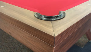 Copenhagen Walnut 8 foot pool table • corner rail detail with red billiard felt cloth