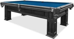 Frontenac Black 8 foot pool table with blue billiard felt cloth