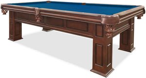 Frontenac Walnut 8 foot pool table with blue billiard felt cloth