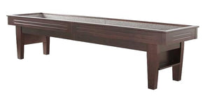 9 foot Walnut finish Majestic Shuffleboard game table • side angle view