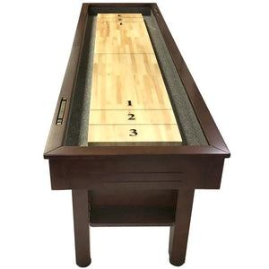 9 foot Walnut finish Majestic Shuffleboard game table • end top view