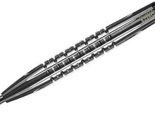 Load image into Gallery viewer, Close-up picture of the detail and grip on the shaft of the Target Power 8Zero 80% Tungsten Phil Taylor black dart set