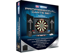 View of the packaging for the Professional quality complete dartboard, darts and cabinet set